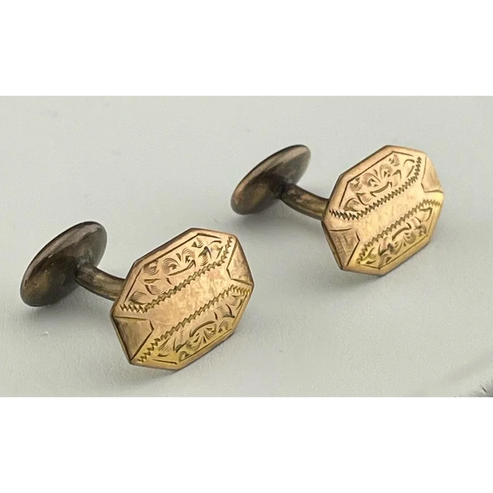 Antique Hayward Gold Filled Cufflinks Edwardian Octagonal Engraved Floral Etched